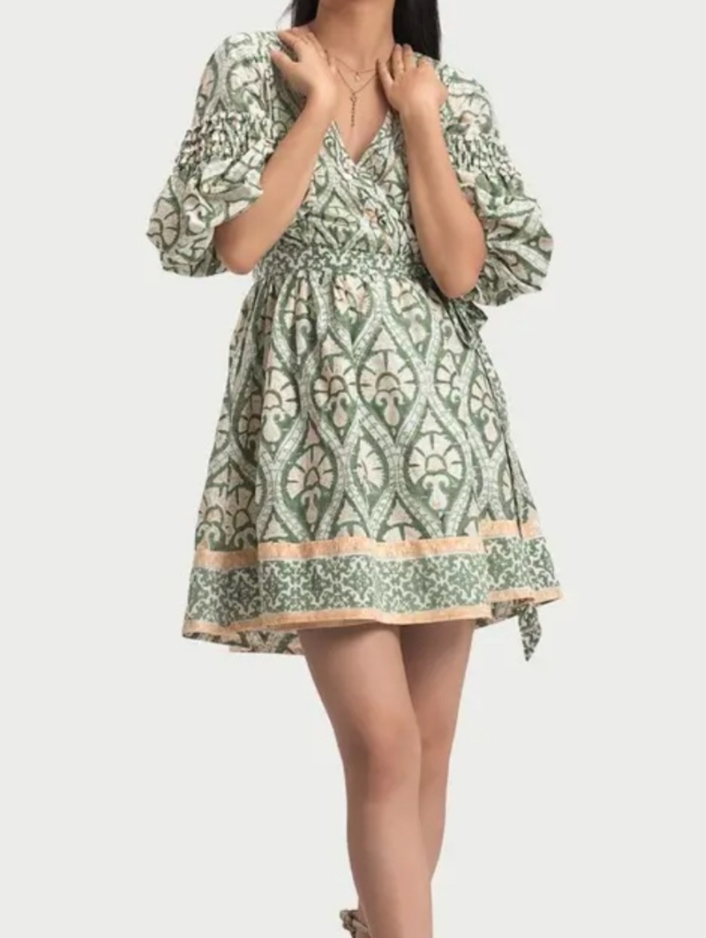 Anthropologie Green and Cream Printed Mini Dress